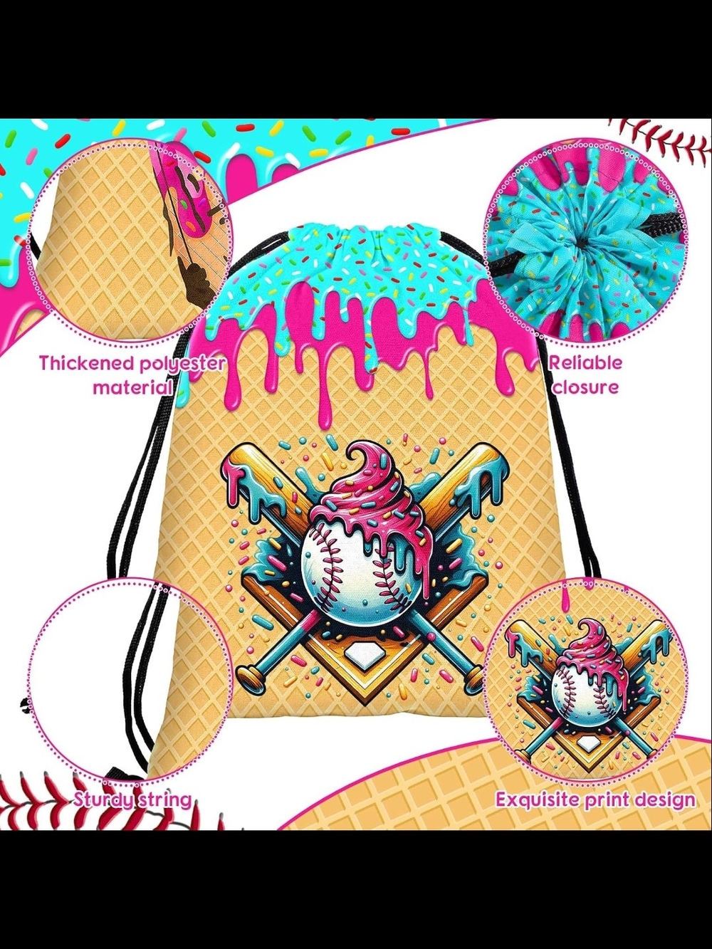 Kids Baseball Drawstring Backpack - Ice Cream Baseball Design *PLEASE READ*